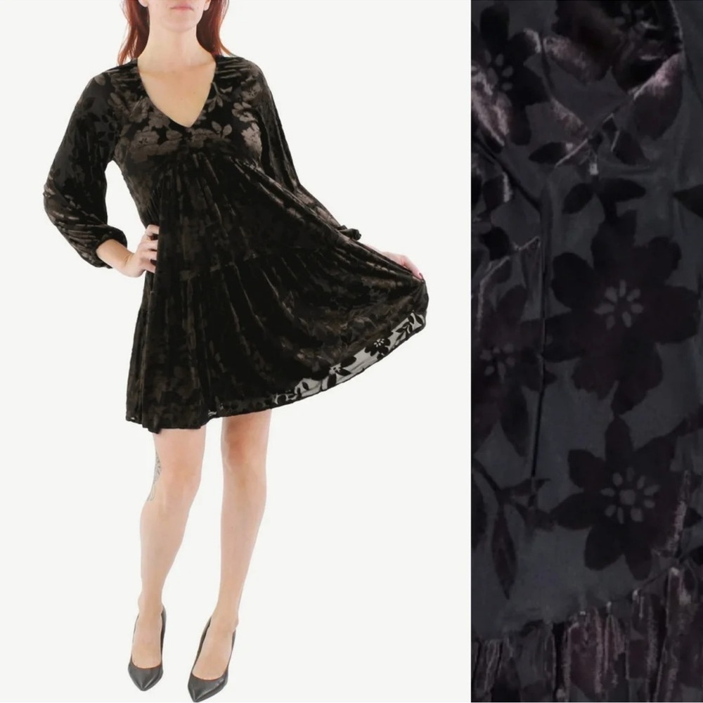 Taylor Black Velvet Burnout Minidress Size 2 V Neck Long Sleeve whimsigoth